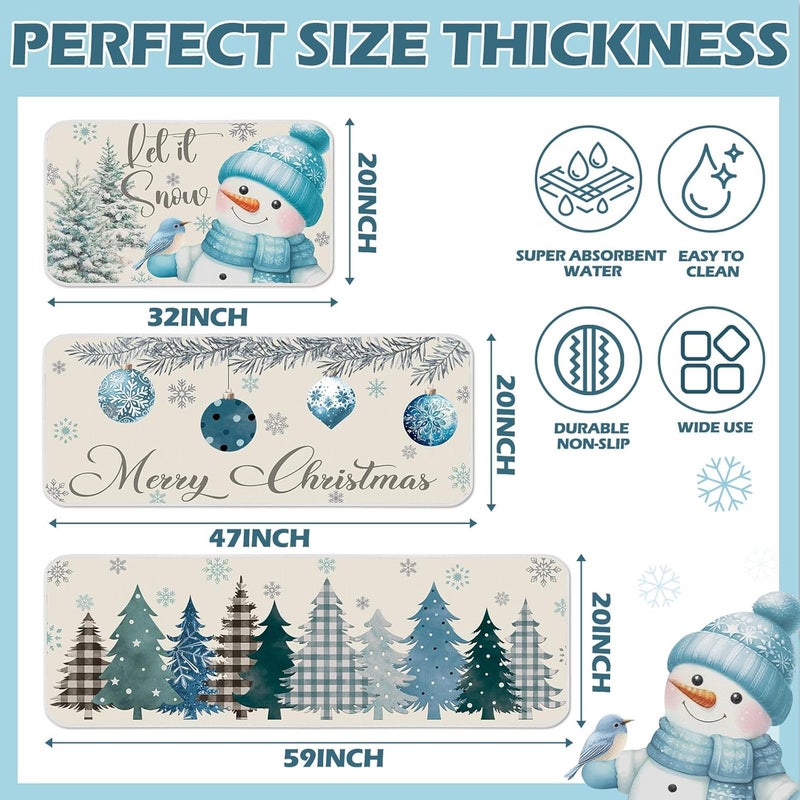 Layhit 3 Pcs Blue Snowman Christmas Kitchen Rugs and Mats Set Let It Snow Winter Kitchen Mats Absorbent Anti Fatigue Snowflakes Mat for Xmas Party Home Decor 20'' x 59'',20'' x 47'',20'' x 32'' - Image 3
